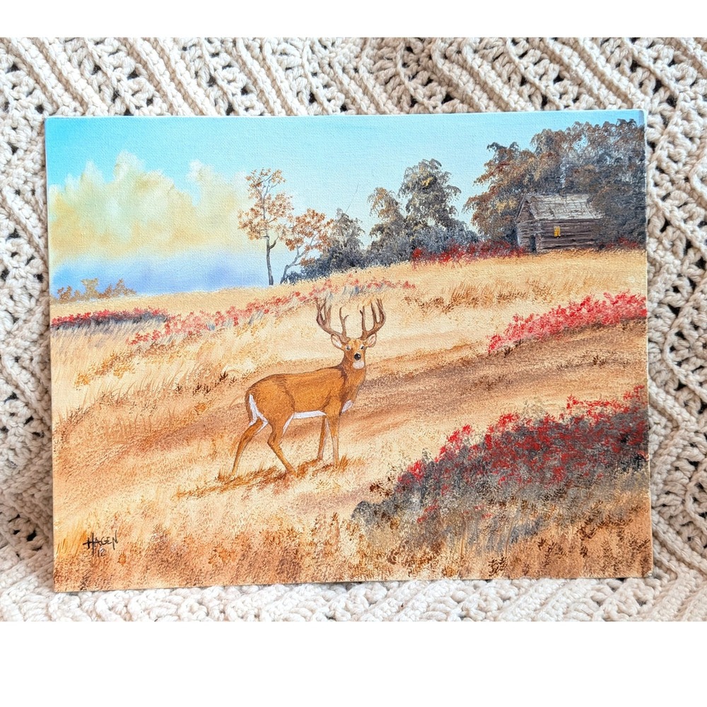 Hagen Signed Original Deer Painting Wildlife Cabin Landscape Canvas Board 11x14